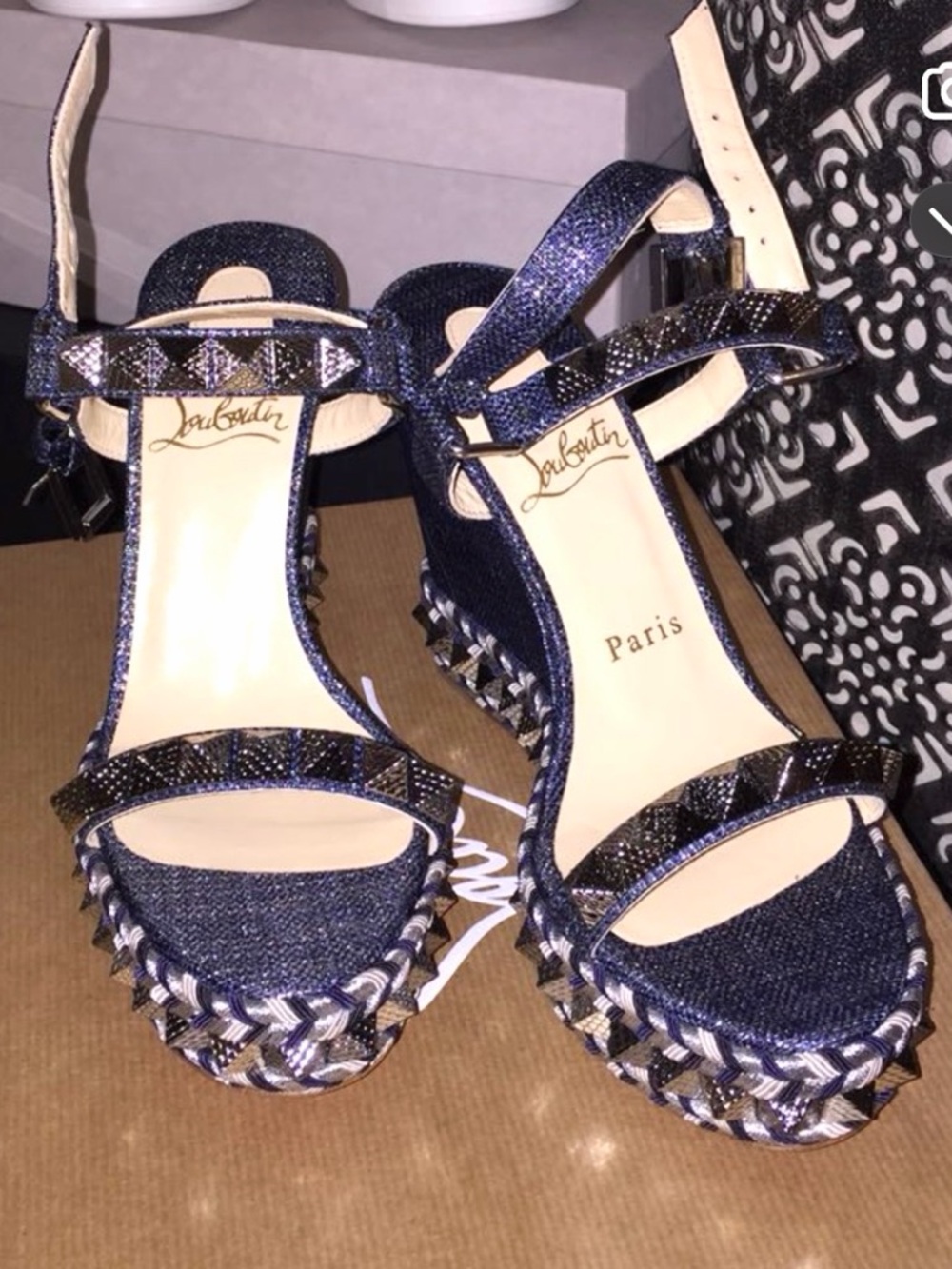 Christian Louboutin | Denim Glitter Braided Wedge Sandals